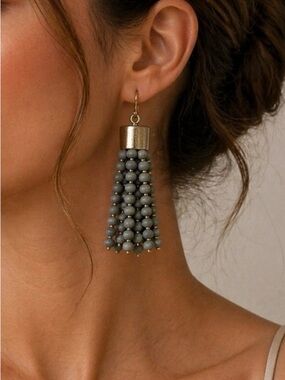Plunder Taupe Beaded Tassel Earrings with Gold Caps